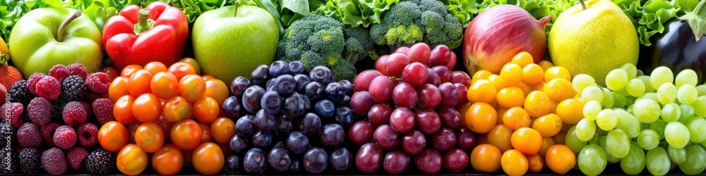 A colorful variety of fresh fruits and vegetables, including apples, grapes, bell peppers, and leafy greens, arranged in a vibrant display
A colorful variety of fresh fruits and vegetables, including apples, grapes, bell peppers, and leafy greens, arranged in a vibrant display