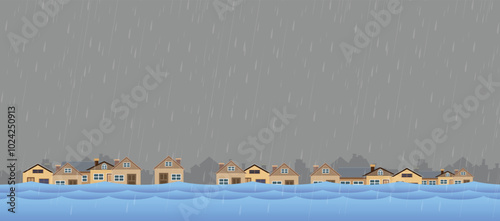 Flood natural disaster with house, heavy rain and storm , damage with home, clouds and rain, flooding water in city, Flooded house.