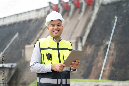 Smiling young Asian civil engineer standing with his arms crossed wearing a helmet and using a walkie-talkie. View and inspect the operation of the dam's sluice gates using the Quality Monitor tablet.