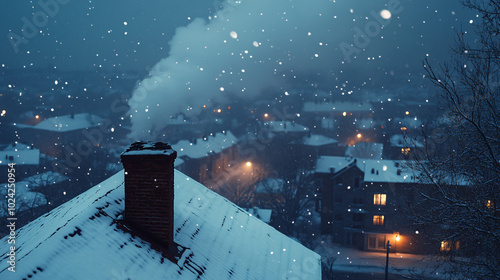 snowy winter night with brick chimney and smoke in small town landscape