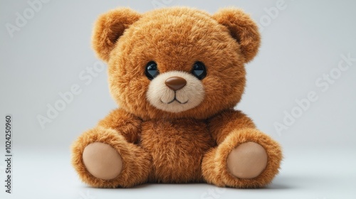 A brown teddy bear with blue eyes sits on a white background.