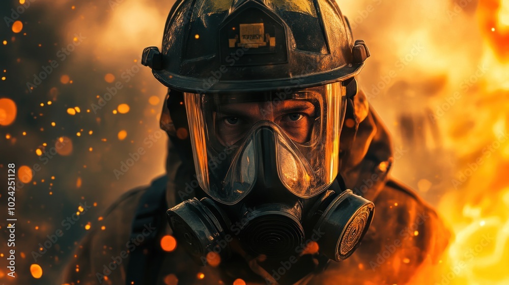 A firefighter in protective gear stands amidst flames and sparks, showcasing bravery and resilience. A firefighter in protective gear stands amidst flames and sparks, showcasing bravery and resilience.
