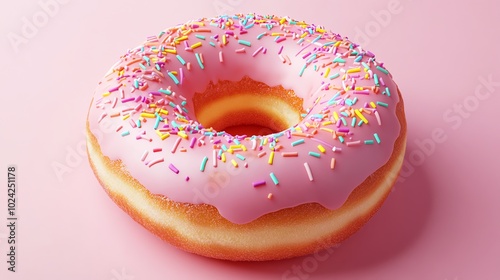 A pink frosted donut with colorful sprinkles on a pink background. photo