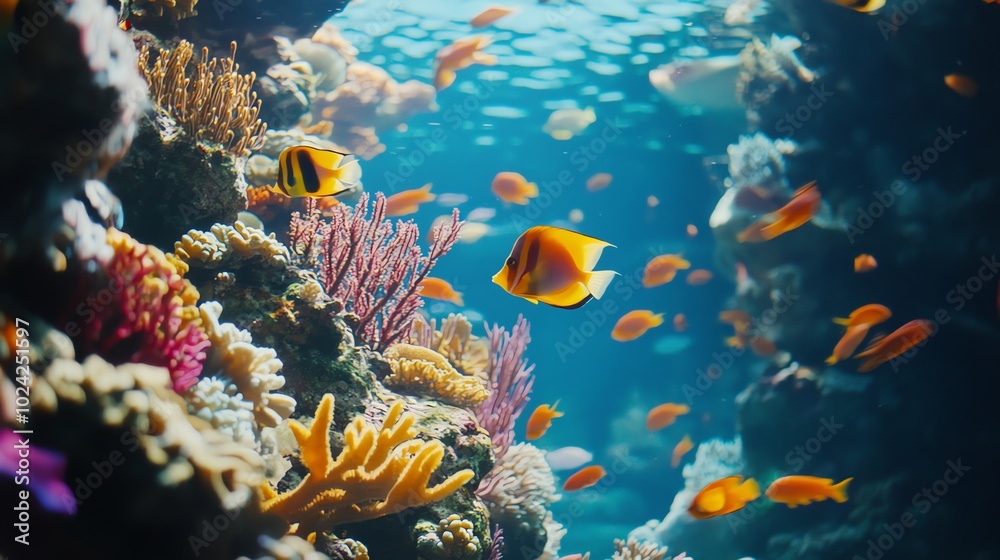 Obraz premium A vibrant coral reef teeming with colorful fish in a tropical ocean.