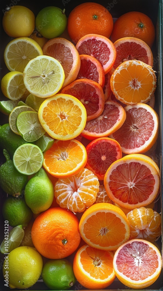 A vibrant display of various sliced citrus fruits, including lemons, limes, oranges, and grapefruits, arranged in a colorful pattern
A vibrant display of various sliced citrus fruits, including lemons, limes, oranges, and grapefruits, arranged in a colorful pattern