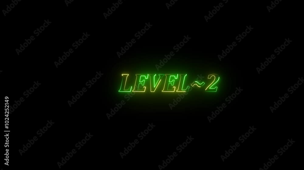 Level 2 text font with neon light. Level Up neon sign. neon  letters spelling out level 2 appear on screen.