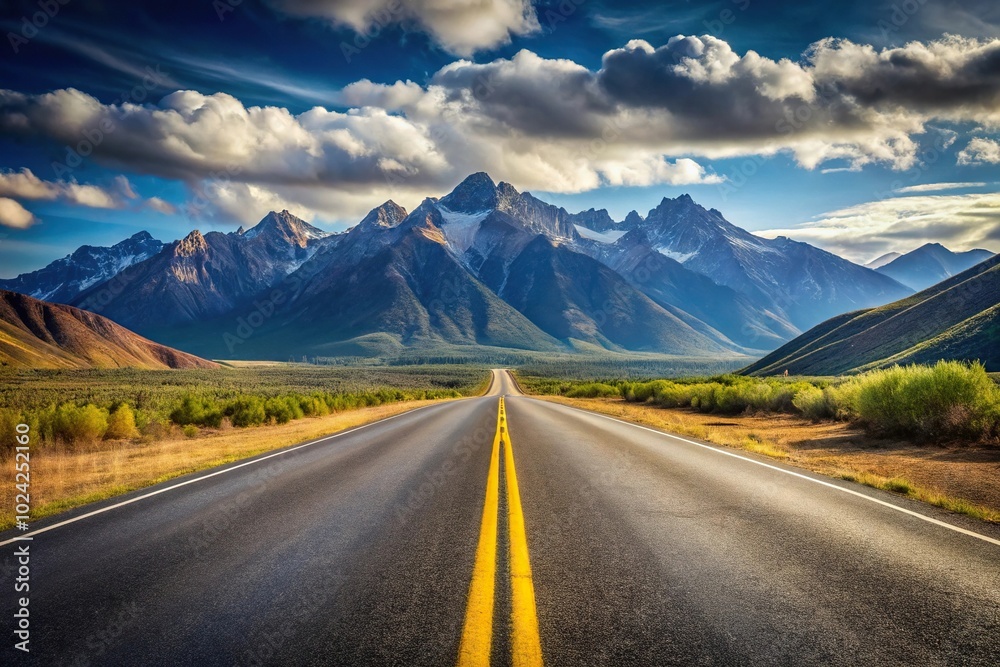 Fototapeta premium Vivid road illustration with mountains background and leading lines