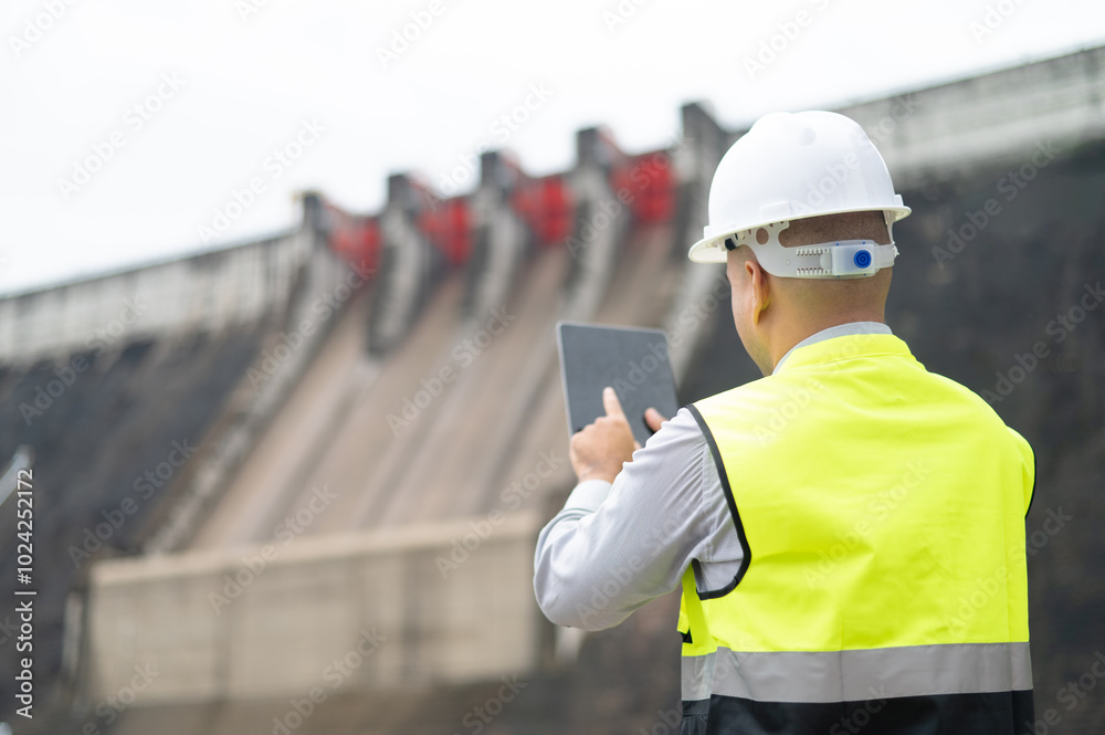 Smiling young Asian civil engineer standing with his arms crossed wearing a helmet and using a walkie-talkie. View and inspect the operation of the dam's sluice gates using the Quality Monitor tablet. Smiling young Asian civil engineer standing with his arms crossed wearing a helmet and using a walkie-talkie. View and inspect the operation of the dam's sluice gates using the Quality Monitor tablet.
