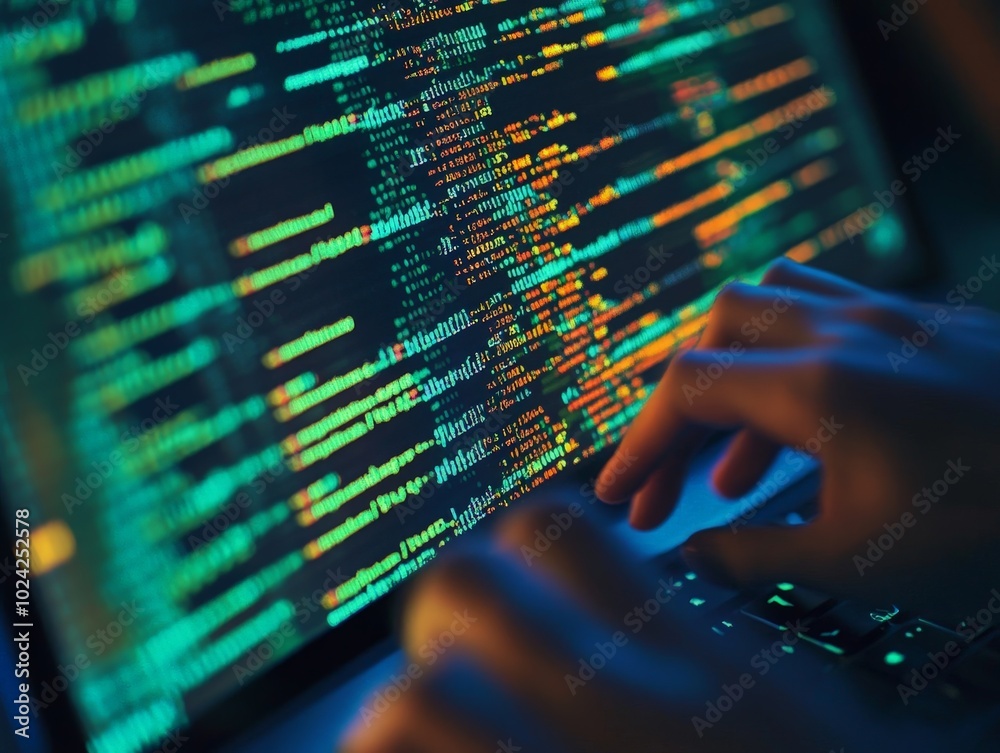 A close-up of a person writing code for a machine learning algorithm, with lines of code and a dataset displayed on the laptop screen. A close-up of a person writing code for a machine learning algorithm, with lines of code and a dataset displayed on the laptop screen.