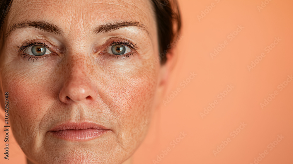 Fototapeta premium Close-up of a middle-aged woman with rosacea, showcasing her natural beauty and unique skin texture against a soft peach background