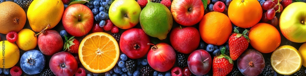 A horizontal assortment of fresh fruits, including apples, citrus, berries, and mango, arranged in a colorful row.
A horizontal assortment of fresh fruits, including apples, citrus, berries, and mango, arranged in a colorful row.