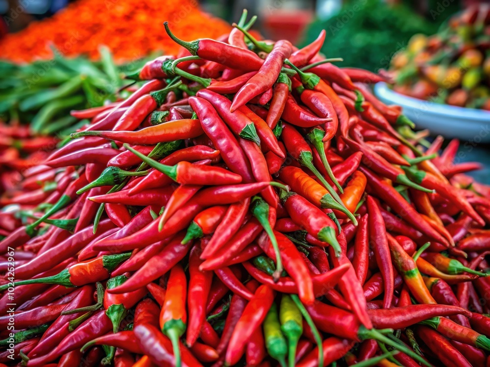 Close-Up of Red Chili Peppers in Thai Street Food Market for Spicy Cuisine Lovers Close-Up of Red Chili Peppers in Thai Street Food Market for Spicy Cuisine Lovers