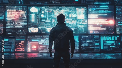 A hacker stares at a wall of monitors displaying digital data, glowing in neon blue and red hues.