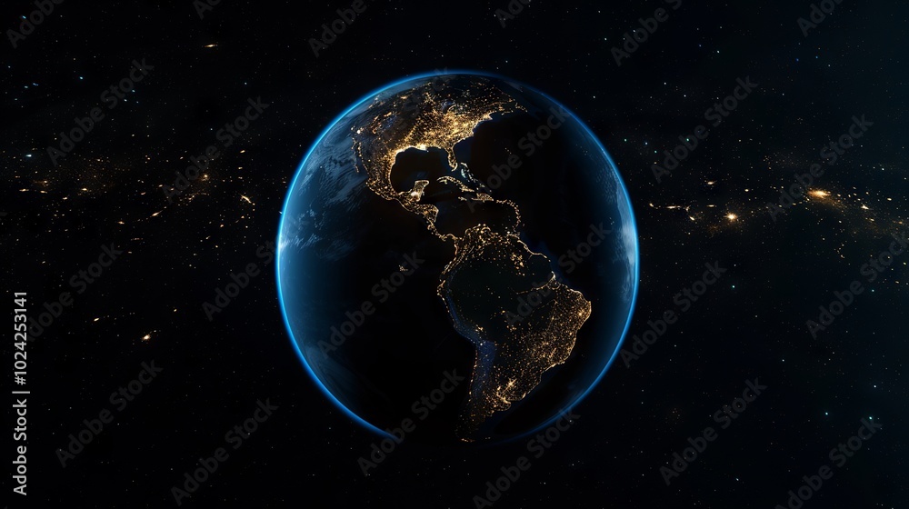 Obraz premium Planet earth illuminated at night from space, showcasing north America, south America, Europe, Africa, Asia, and the middle east interconnected through global networks and technological community