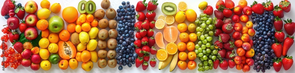 An expansive collection of various fresh fruits, including citrus, berries, grapes, and tropical produce, arranged in horizontal rows.
An expansive collection of various fresh fruits, including citrus, berries, grapes, and tropical produce, arranged in horizontal rows.