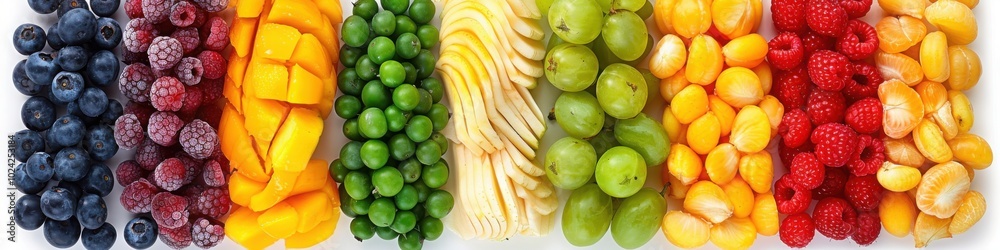 A colorful arrangement of fresh fruits in vertical rows, including grapes, mango, peas, and strawberries, set against a light background.
A colorful arrangement of fresh fruits in vertical rows, including grapes, mango, peas, and strawberries, set against a light background.