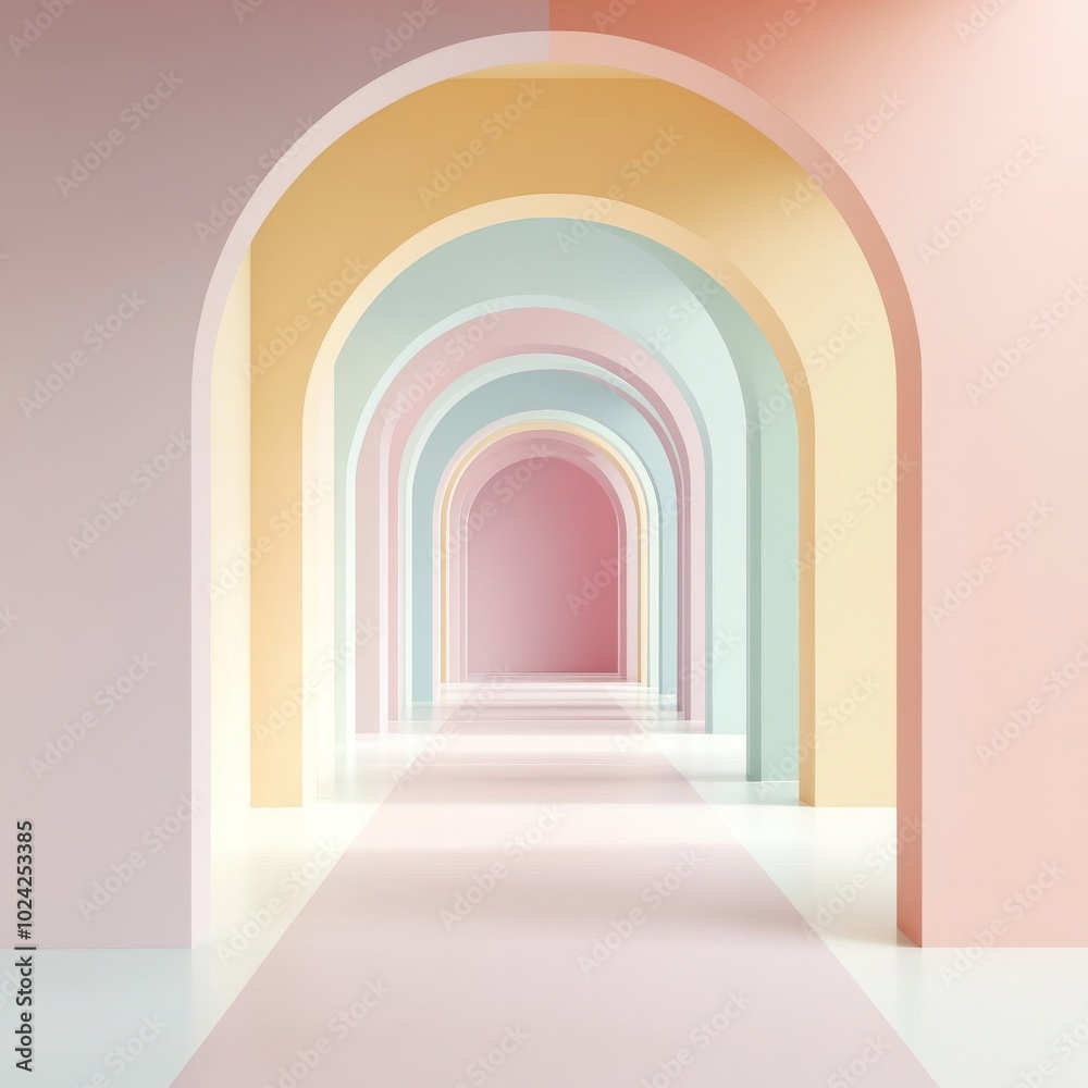 A vibrant and symmetrical hallway featuring pastel-colored arches, creating a visually appealing and modern architectural design. A vibrant and symmetrical hallway featuring pastel-colored arches, creating a visually appealing and modern architectural design.