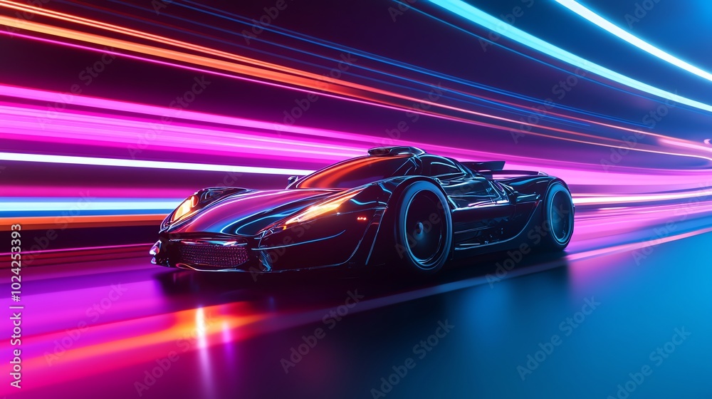 A futuristic sports car speeding through a neon light tunnel. A futuristic sports car speeding through a neon light tunnel.