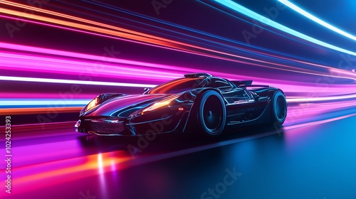 A futuristic sports car speeding through a neon light tunnel.