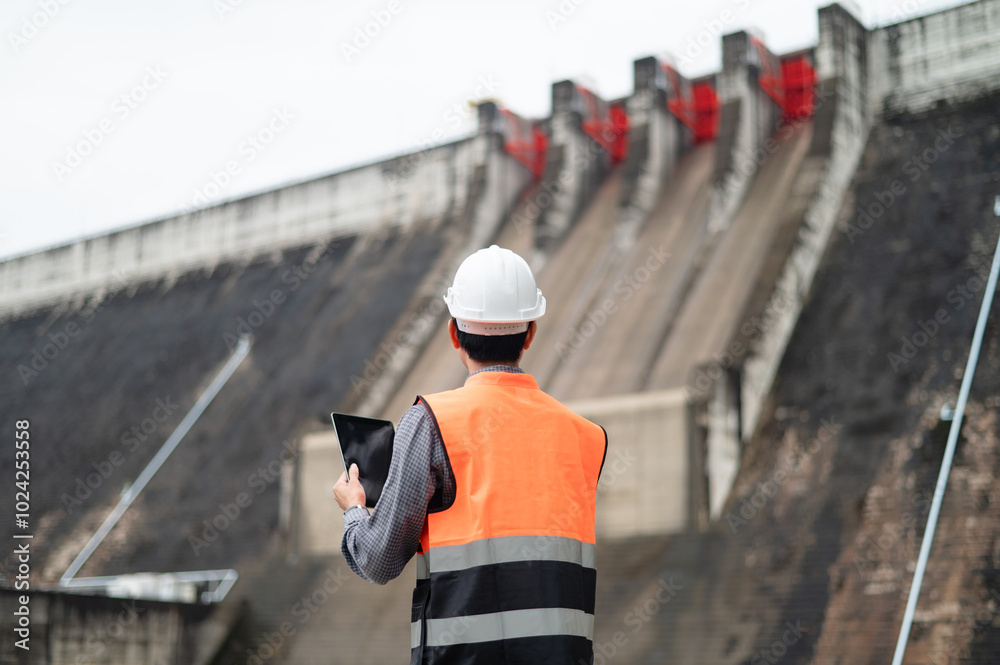 Smiling young Asian civil engineer standing with his arms crossed wearing a helmet and using a walkie-talkie. View and inspect the operation of the dam's sluice gates using the Quality Monitor tablet.