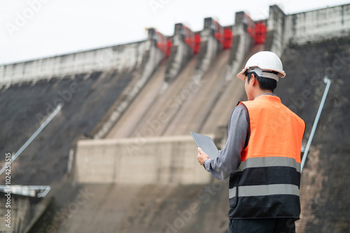 Smiling young Asian civil engineer standing with his arms crossed wearing a helmet and using a walkie-talkie. View and inspect the operation of the dam's sluice gates using the Quality Monitor tablet.