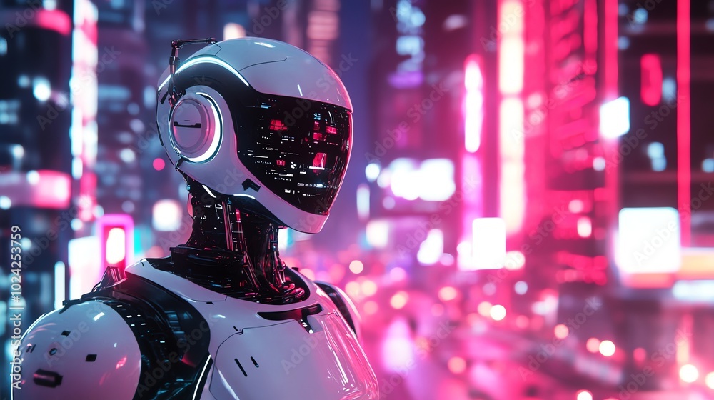 A humanoid robot stands in a futuristic city, illuminated by neon lights. A humanoid robot stands in a futuristic city, illuminated by neon lights.