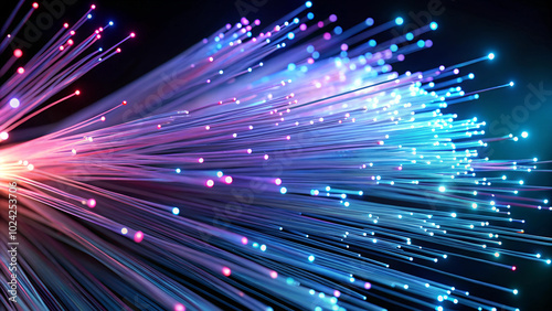 3D Render of Fiber Optic Lights with Colorful Glow. A 3D render of vibrant fiber optic cables with glowing lights, spreading colorful rays.