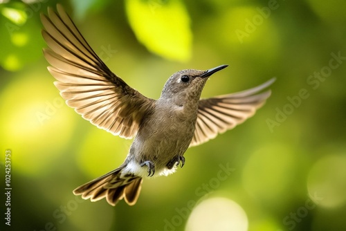 A close-up of a small bird practicing flight in a rehabilitation enclosure, its wings stretched wide. photo