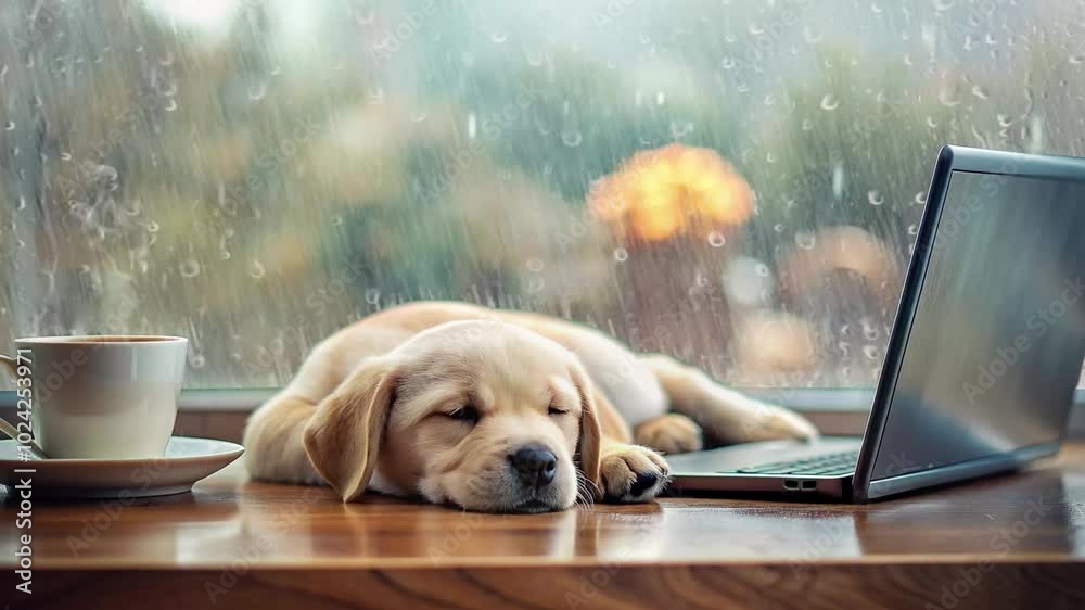 custom made wallpaper toronto digitala puppy sleeping on the edge of the window and accompanied by a laptop and warm coffee during rainy weather