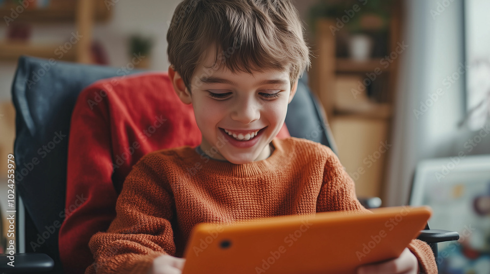 Child with autism engages with a specialized app on a tablet while sitting in a cozy reading nook at home Child with autism engages with a specialized app on a tablet while sitting in a cozy reading nook at home