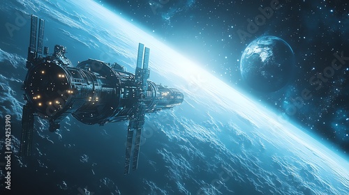 A futuristic spaceship orbits a planet with a blue atmosphere.