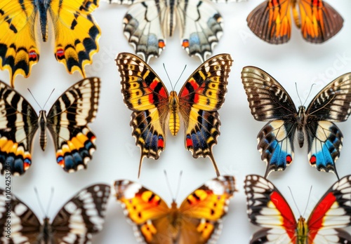 Colorful butterflies display, featuring various species on a white background, showcasing intricate patterns and vibrant hues, capturing the beauty of nature s diversity and artistry photo