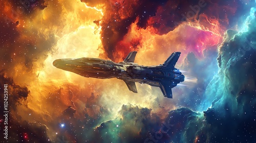 A futuristic spaceship soars through a vibrant nebula.