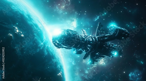 A futuristic spaceship soars past a planet in space.