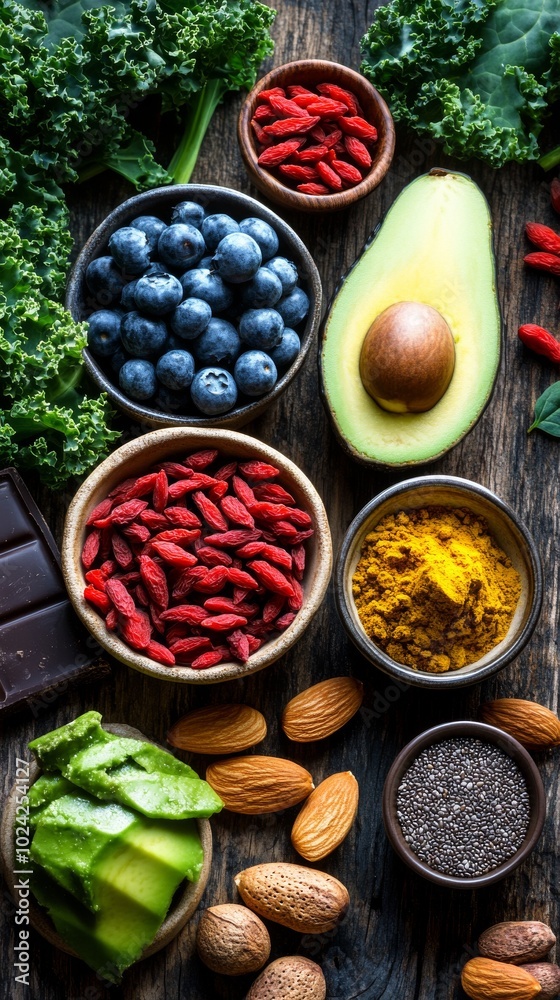 A selection of nutrient-dense foods like chia seeds, turmeric, and chocolate, creatively arranged to emphasize health and flavor. A selection of nutrient-dense foods like chia seeds, turmeric, and chocolate, creatively arranged to emphasize health and flavor.