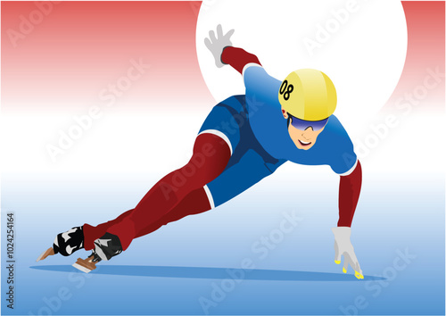 144-50-Professional short track speed skater wearing protective sportswear speeding on an ice track photo