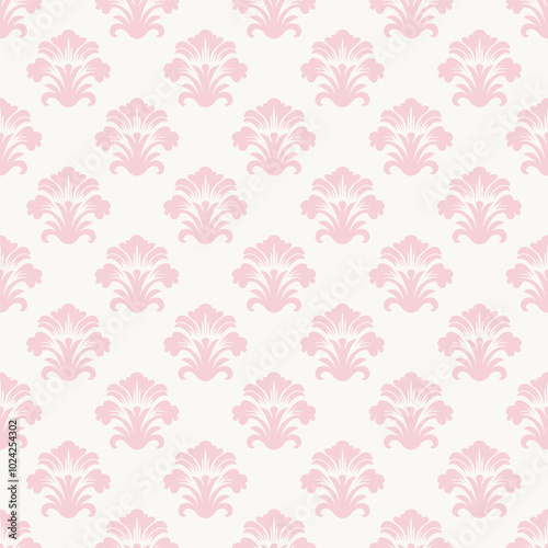 Seamless light pink damask pattern on a light beige background. Perfect for classic wallpapers, fabric patterns, home decor, upholstery and vintage fabric prints.