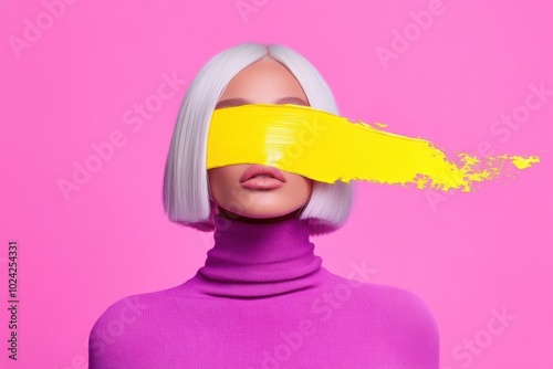 Vivid conceptual portrait with striking yellow paint stroke. photo