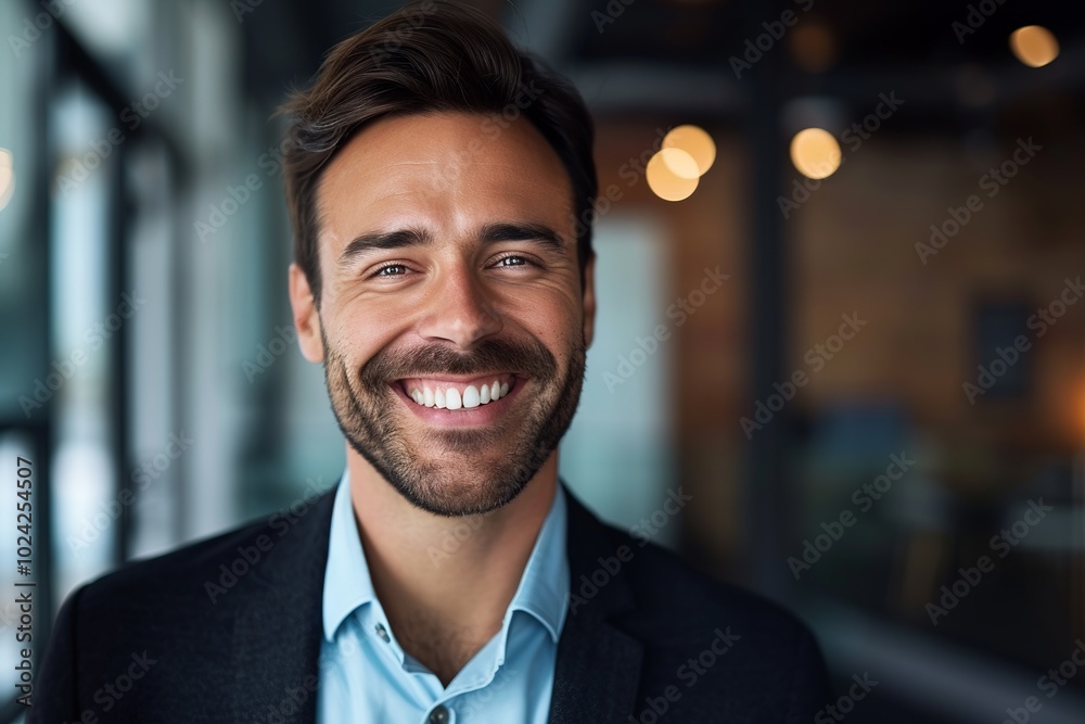 High-resolution portrait of a handsome, smiling CEO in formal business attire exhibiting confidence and leadership qualities in a corporate setting High-resolution portrait of a handsome, smiling CEO in formal business attire exhibiting confidence and leadership qualities in a corporate setting