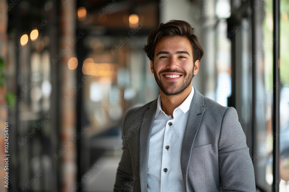 High-resolution portrait of a handsome, smiling CEO in formal business attire exhibiting confidence and leadership qualities in a corporate setting High-resolution portrait of a handsome, smiling CEO in formal business attire exhibiting confidence and leadership qualities in a corporate setting