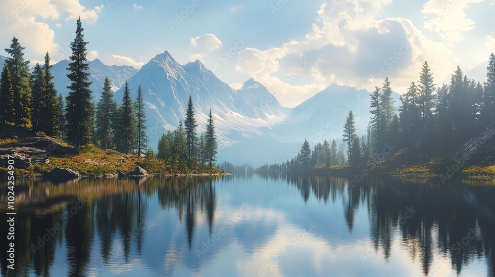 Fototapeta premium Calm mountain lake with a reflection of the surrounding trees and mountains.