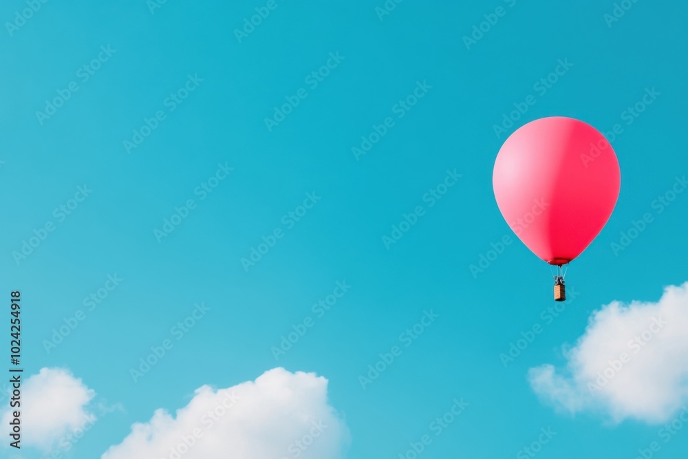 Fototapeta premium Single pink hot air balloon drifting across clear blue sky.