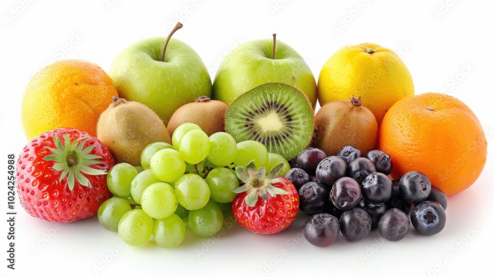 An assortment of fresh fruits including apples, grapes, oranges, kiwi, and berries on a white background.
An assortment of fresh fruits including apples, grapes, oranges, kiwi, and berries on a white background.
