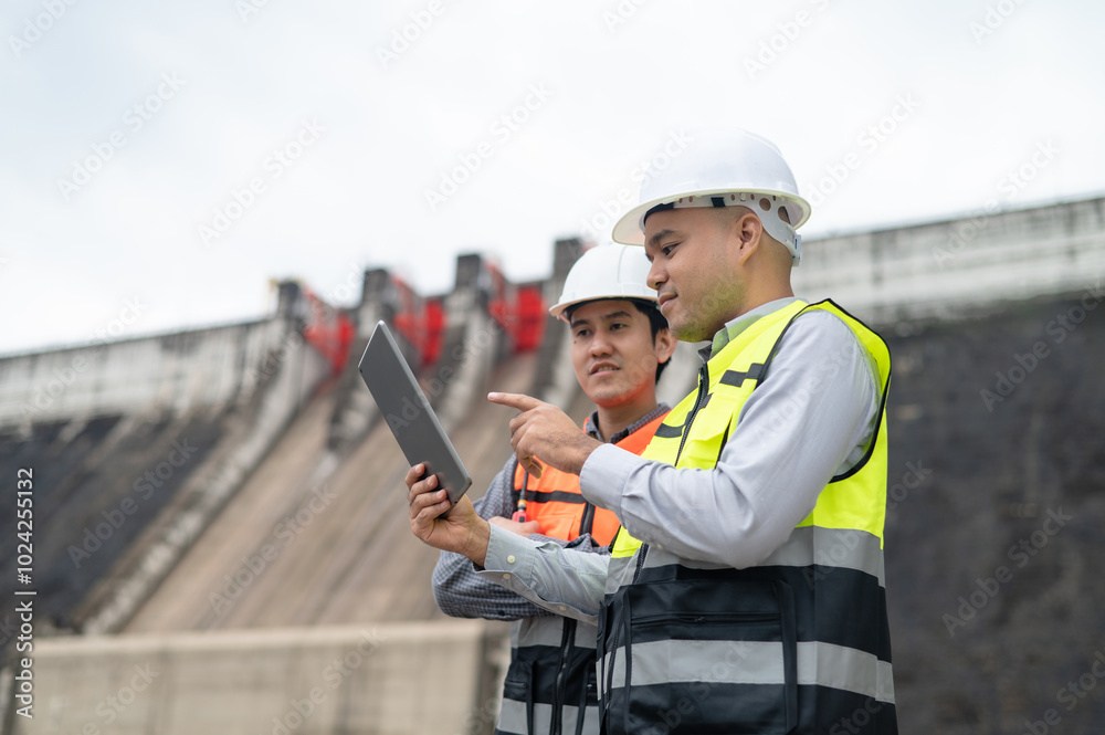 Smiling young Asian civil engineer standing with his arms crossed wearing a helmet and using a walkie-talkie. View and inspect the operation of the dam's sluice gates using the Quality Monitor tablet.