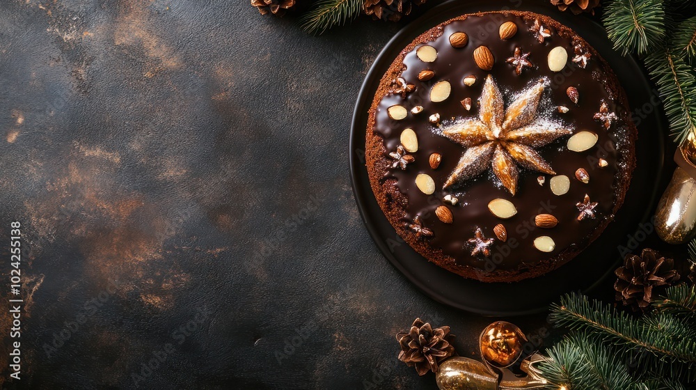 Gingerbread cake, Christmas gingerbread cake covered with chocolate and decorated with nuts and almonds on the holiday table, copy space, top view. Christmas, traditional dessert Gingerbread cake, Christmas gingerbread cake covered with chocolate and decorated with nuts and almonds on the holiday table, copy space, top view. Christmas, traditional dessert