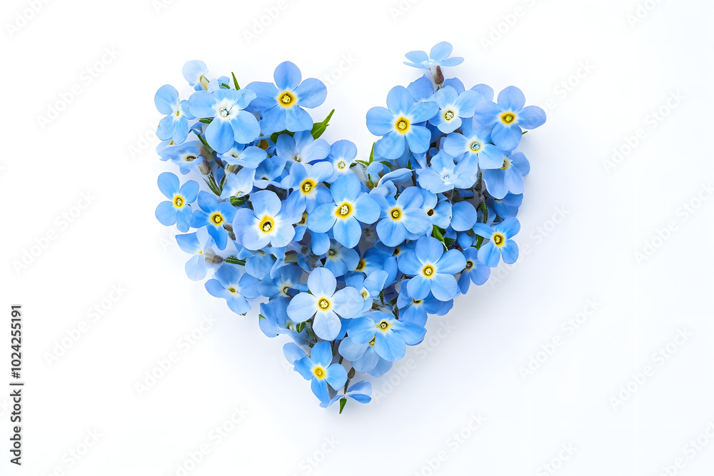 Heart made of amazing spring forget-me-not flowers on white background, top view Heart made of amazing spring forget-me-not flowers on white background, top view