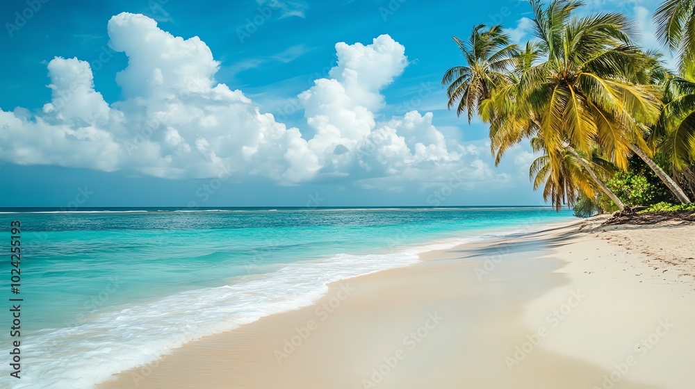 A picturesque tropical beach with white sand, turquoise water, and swaying palm trees. A picturesque tropical beach with white sand, turquoise water, and swaying palm trees.