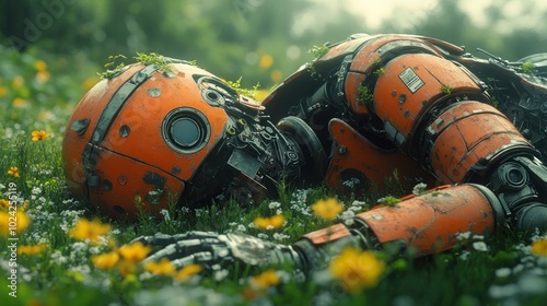 A rusty, orange robot lies deactivated in a field of white and yellow flowers.