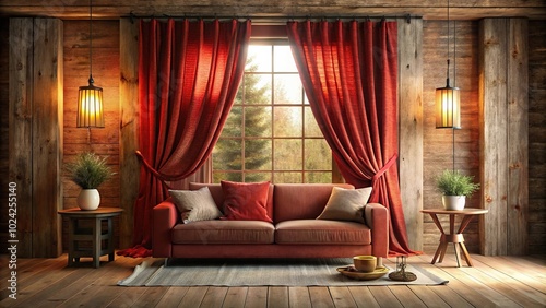 Warm and inviting living space with rustic decor and cozy red curtains