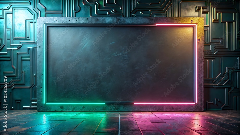 Futuristic neon-lit blank canvas in a tech-inspired room Futuristic neon-lit blank canvas in a tech-inspired room